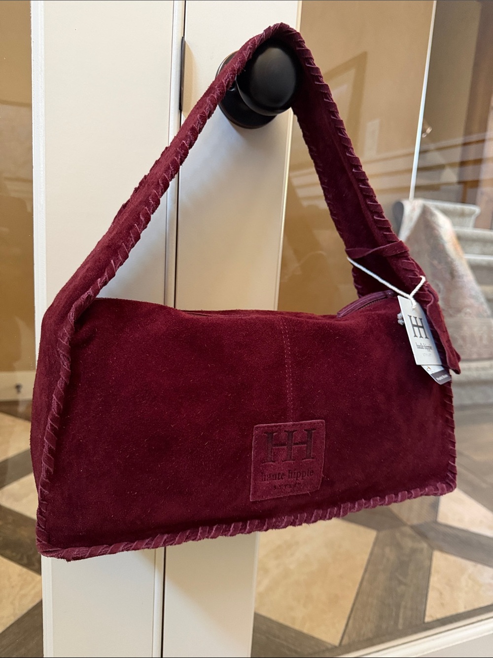 Haute Hippie Women's Burgundy Genuine Suede Whipstitch Trim Shoulder Bag - Picture 3 of 10